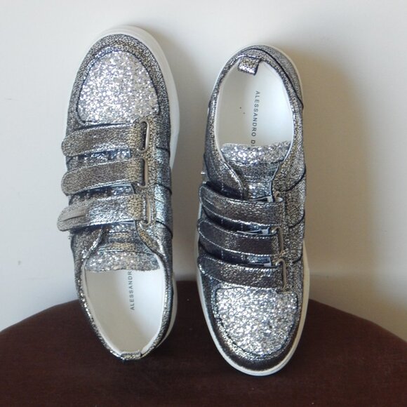 Alessandro Dell’ Acqua Leather Low Top Glitter Silver Sneaker Shoe US 8.5B NIB - Picture 12 of 15